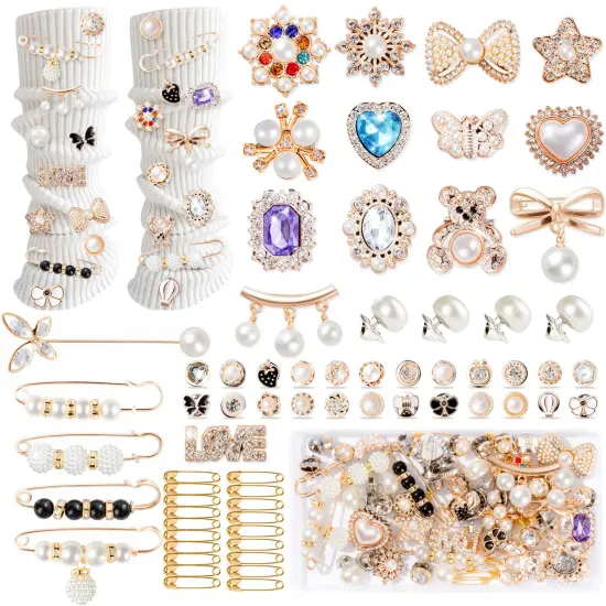 65Pcs Charms for Socks Safety Pin Brooch junk socks charms Brooches and Pins for Women Junk Socks Charms Pins Safety Pin Charms for Socks Pearl Rhinestone Brooch Pins Buttons Shoe Sock Charms Kit {1}