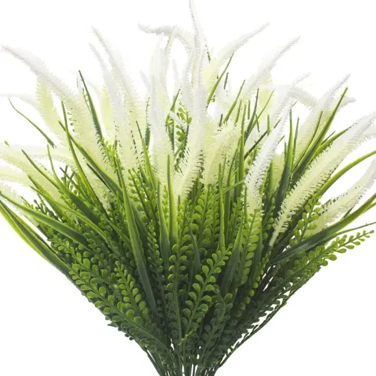 10 Bundles Artificial Plants Outdoor Fake Grass with Flowers UV Resistant Greenery Garden Porch Window Box Decorating (White) {1}