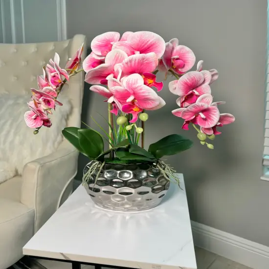 Giulia Real Touch Pink White Orchid Arrangement in Beveled Silver Vase {2}