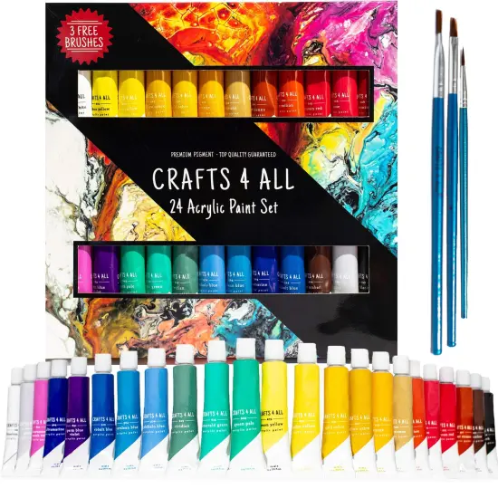 Acrylic Paint Set for Adults and Kids - 24 Pack of 12mL Paints with 3 Art Brushes, Non-Toxic Craft Paint for Easter Eggs, Ceramic Rock Paint - Art Supplies {1}