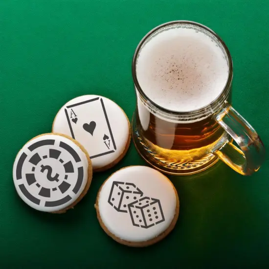 Casino Night Cookie Stencil Set: Dice, Cards, Poker Chip | C768 by Designer Stencils | Cookie Decorating Tools | Baking Stencils for Royal Icing, Airbrush, Dusting Powder | Reusable Plastic Food Grade Stencil for Cookies | Easy to Use & Clean Stencil {3}