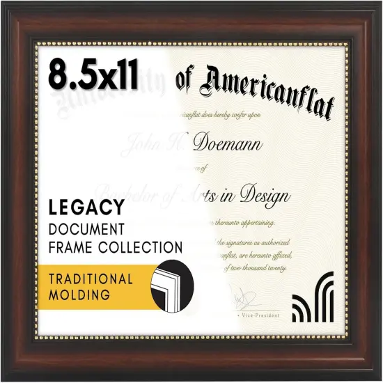 8.5x11 Diploma Frame - For Certificates or Use as 8.5x11 Picture Frame - Ornate Antique Frame with Shatter-Resistant Glass - Legacy Collection - Wall or Tabletop Display - Beaded Mahogany {1}
