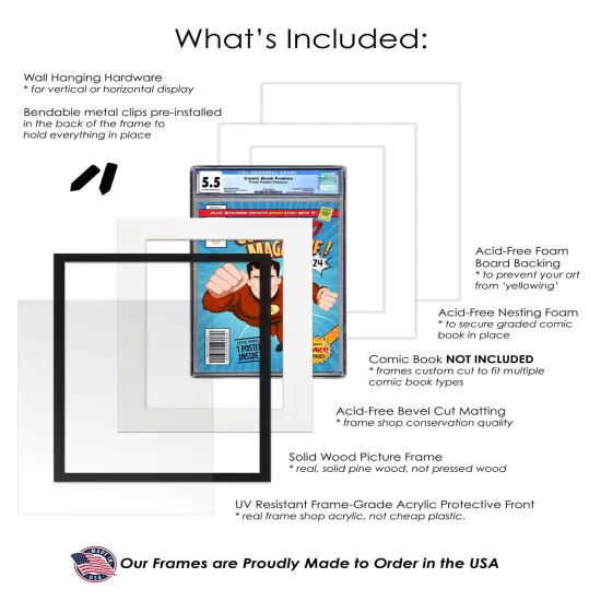 Comic Book Frame with Mat for 3 Graded Comics - Black Wood Comic Frame With White Mat for 8.125x13 Comics - 11.75x43.5 Frame Size {3}