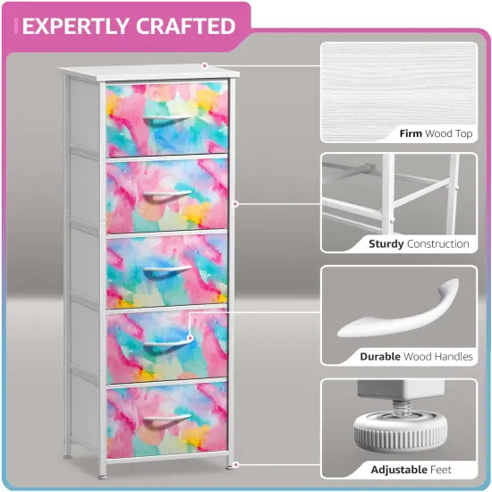 Sorbus Narrow 5 Drawers Nightstand with Steel Frame, Wood Top, Easy Pull Fabric Bins for Home, Bedroom, Office & Dorm Watercolor tie dye {4}