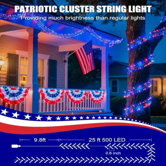 Red White Blue Lights, 500LED 25FT 4th of July Lights Patriotic Cluster String Lights 8 Modes Waterproof Memorial Day Decor for Indoor Outdoor Independence Day Patriotic Holidays {5}