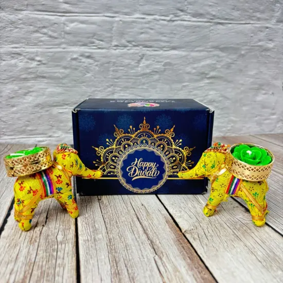 Diwali Gift Hamper Elephant Candle Holder Happy Diwali Stickers Custom Gifts Boxes Handmade Indian Festival Deepawali Hamper for Employees Home Office Friends Family - Return Gift Items Green {3}