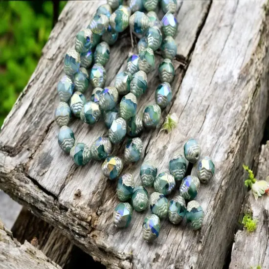 *15* 6x8mm Antique Silver AB Washed Blended Green & Blue Oval Cathedral Beads {4}