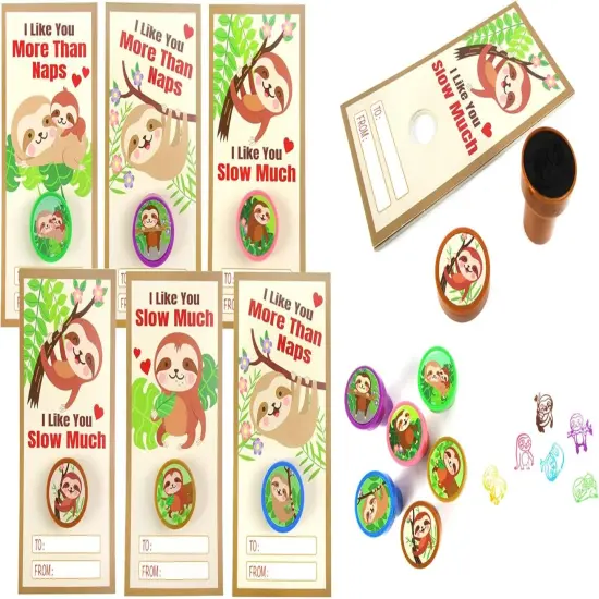 Tiny Mills 36 PACK Sloths Valentine's Day Cards with Stampers for Valentine's Day Classroom Exchange Birthday Party Favor Prizes {1}