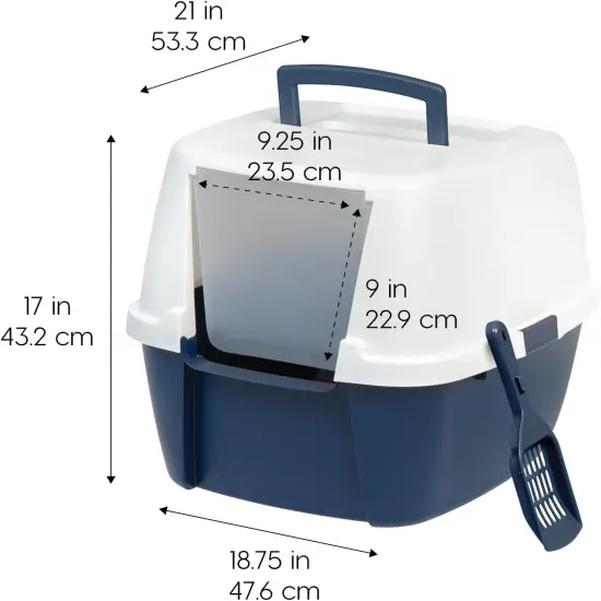 IRIS USA Jumbo Enclosed Hooded Cat Litter Box with Front Door Flap and Scoop Navy {2}