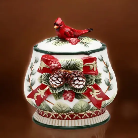 Ceramic Christmas Candy Jar with Cardinal Bird, Christmas Decor {2}