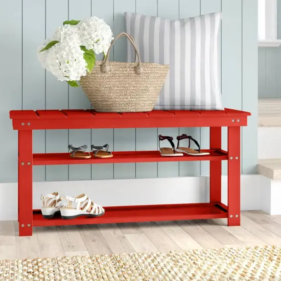 Wooden Shoe Rack Bench with Two Storage Shelves and 2-Seater Design for Entryway or Hallway Red {1}