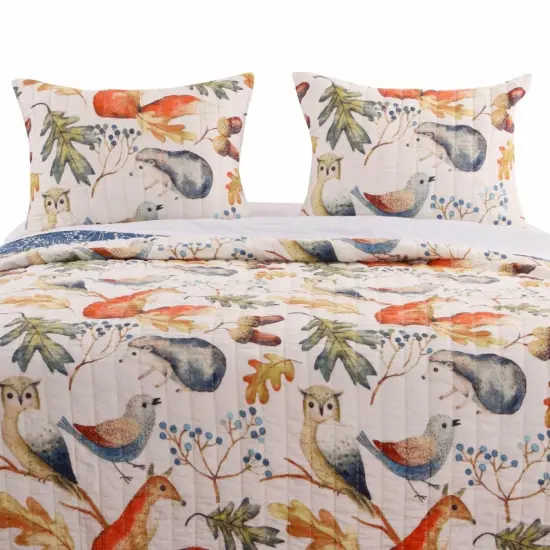 Blue, Beige Birds Animals Floral Microfiber Reversible Quilt Set {1}