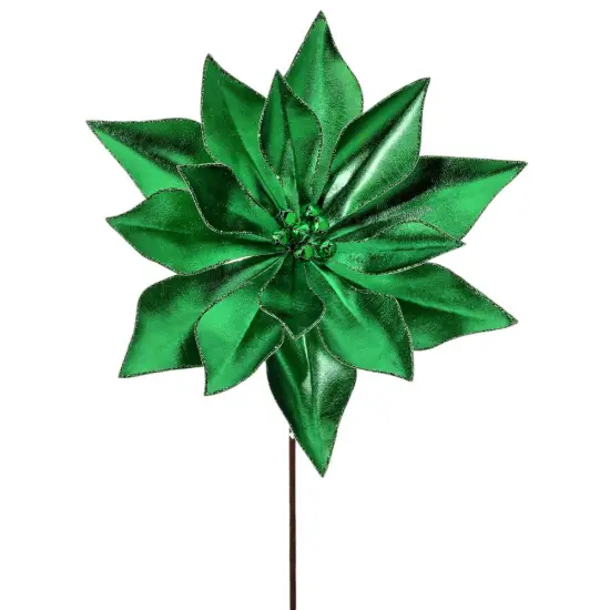 24" Green Retro Poinsettia Stem with Jingle Bells - Vintage Christmas Floral Decoration {1}