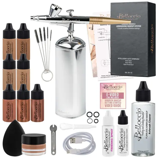 Belloccio Complete Cordless Handheld Airbrush Cosmetic Makeup System with 4 Tan Foundation Shades, 18-Piece Kit, Primer, Blush, Bronzer, Highlighter {1}