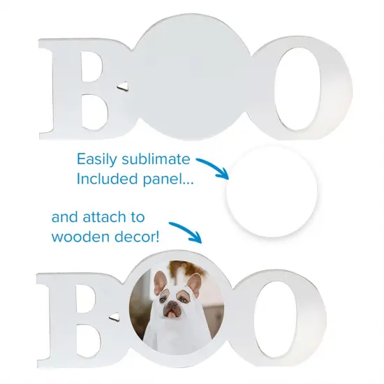 Sublimation Halloween White Coated Wood Word Blocks D&eacute;cor for Halloween&ndash; Sublimation Ready with 3.74&rdquo; Plate- Boo {2}