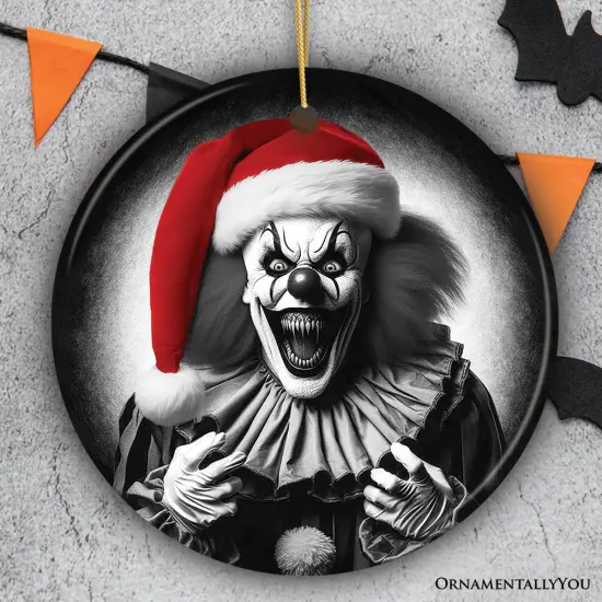 Sinister Santa Clown Ceramic Ornament, Eerie Christmas Decoration for Halloween Tree Circle {1}