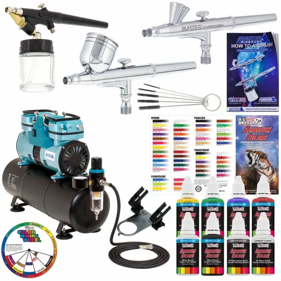 Gravity and Siphon Feed 3 Airbrushing System with 6 Primary Colors Acrylic Paint Set - Cool Running 1/4 hp Twin-Piston Air Compressor, Storage Tank {1}