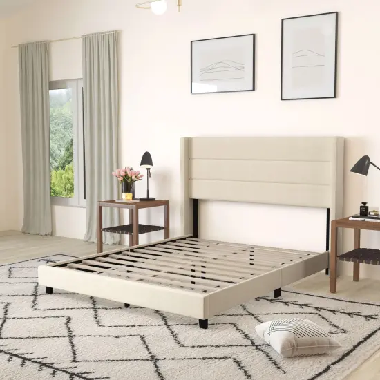 Merrick Lane Percy Modern Platform Bed with Padded Channel Stitched Upholstered Wingback Headboard and Underbed Clearance {3}