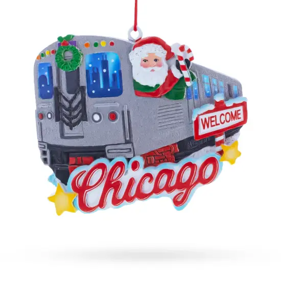 Chicago Train with Santa and Welcome Sign Resin Christmas Ornament {1}