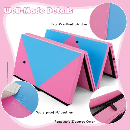 8 Feet PU Leather Folding Gymnastics Mat with Removable Zippered Cover and Hook and Loop Fasteners Pink & Blue {6}
