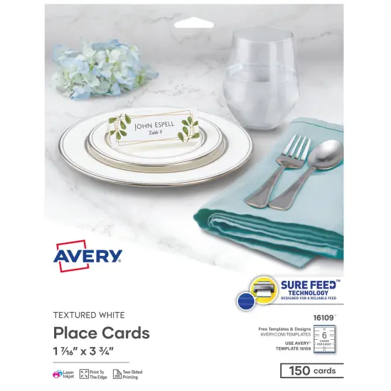 Avery Printable Place Cards with Sure Feed Technology, 1-7/16" x 3-3/4", Textured White, 150 Blank Tent Cards for Laser or Inkjet Printers (16109) {1}