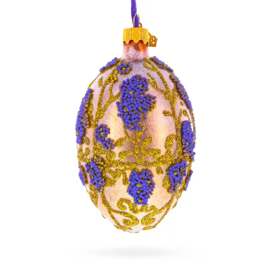 Golden Amber with Lavender Blossoms Beaded Glass Egg Ornament 4 Inches {3}