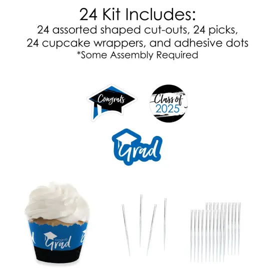 Big Dot of Happiness 2025 Blue Graduation Cupcake Decoration - Party Cupcake Wrappers and Treat Picks Kit - Set of 24 {6}