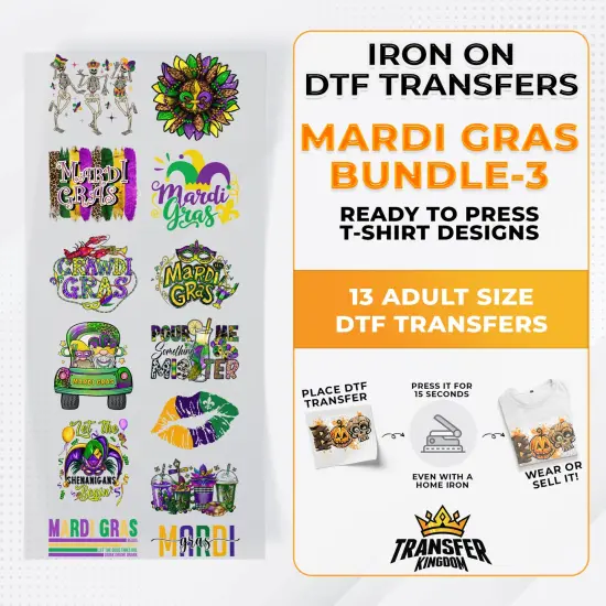 Mardi Gras Bundle Iron on DTF Transfer Bundle 3 - 13 Best Seller Ready To Press T-shirt Designs {1}