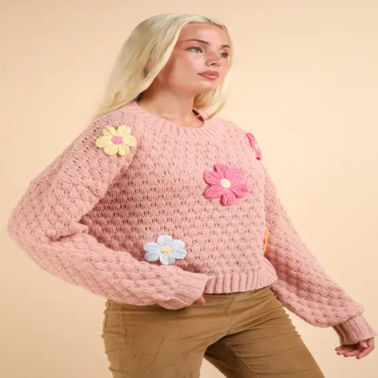 Hand Made Flower Applique Oversized Knit Sweater Top BLUSH {3}