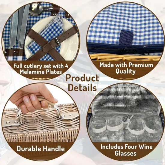 Picnic Basket Set, Wicker Basket with Handle for Outdoors, Insulated Woven Basket, Includes a Service Kit of Dinnerware & Wine Glasses, Picnic Basket Set for 4 with Blanket, Blue & White {2}