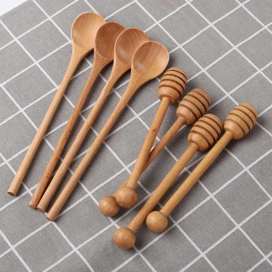 4 PCS 6 Inch Honey Dipper Sticks and 4 PCS 7.87 Inch Coffee Stirring Spoons, Beech Wooden Honey Spoon Stirrer for Honey Jar Dispense Drizzle Honey and Wedding Party Gift {2}