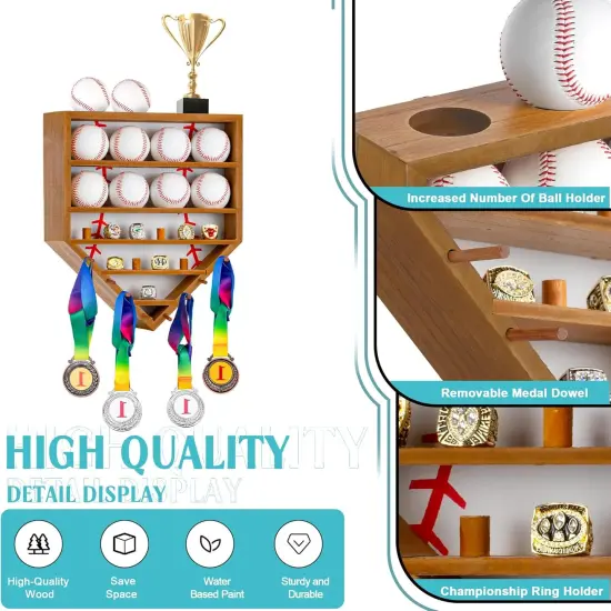 Baseball Balls Display Case with Championship Rings Medals Holder, Solid Wooden Wall Mount Baseball Box for Balls, Rings, Medals, Trophies Collection Brown {2}