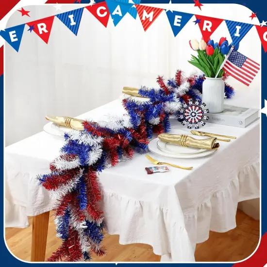 4th of July Garland with 30 Fairy Light Independence Day Red White and Blue Pine 6Ft Patriotic Cedar Garland Decoration for Memorial Day Flag Stairs Fireplace Mantel Decor {4}