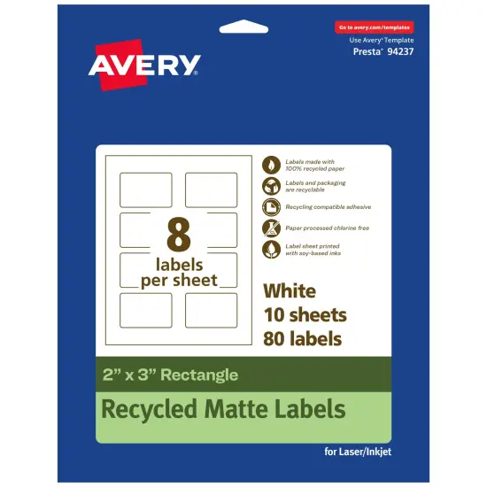 Avery Recycled Matte White Labels,2" x 3" Rectangle {1}