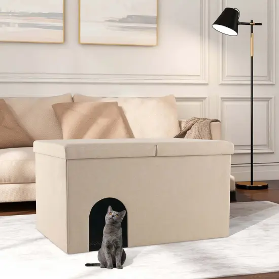 Costway Cat Litter Box Enclosure Hidden Furniture Cat Washroom Shoe Storage Bench Beige/Grey {2}