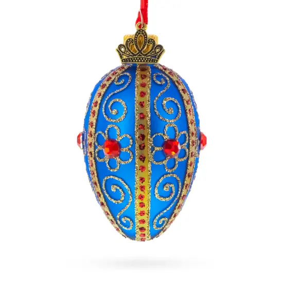 Royal Blue with Gold and Red Gem Accents Mini Glass Egg Ornament 2.9 Inches {3}