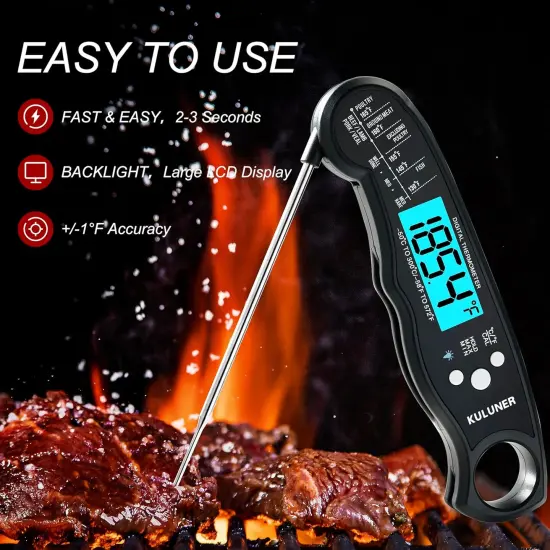 TP-01 Waterproof Digital Instant Read Meat Thermometer with 4.6 Folding Probe Backlight Calibration Function for Cooking Food Candy, BBQ Grill, Liquids,Beef(Black) {2}