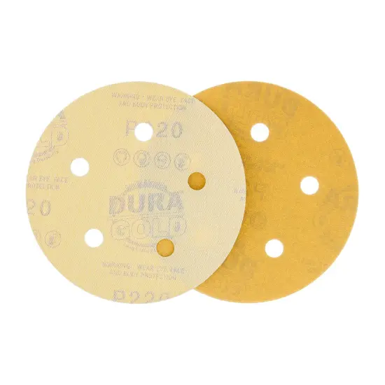 220 Grit - 5" Gold DA Sanding Discs - 5-Hole Pattern Hook and Loop - Box of 50 {4}