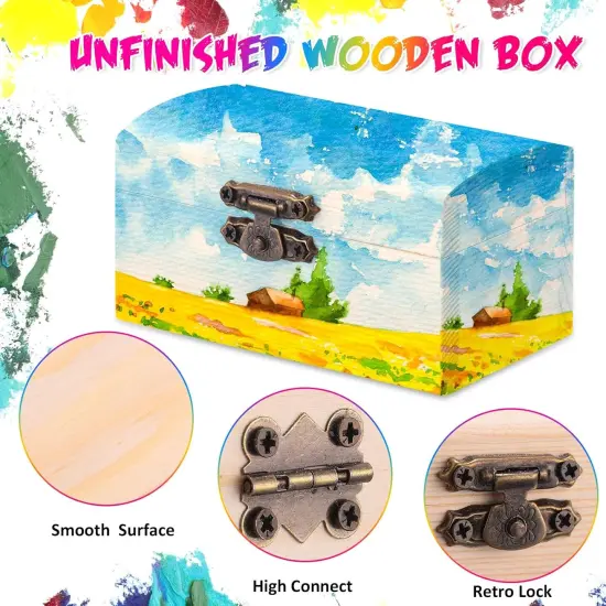 48 Pcs Unfinished Wooden Craft Boxes with 40 Paintbrushes Small Wooden Boxes Treasure Chest with Lid and Clasp Wood Storage Box for DIY Baby Shower Pirate Decor {2}