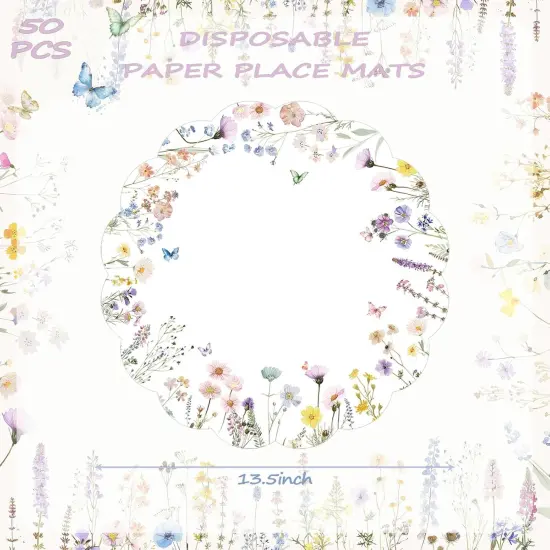 50 Pcs Spring Floral Paper Place Mats, Butterfly Disposable Place Mats, 13.5 inch Scalloped Disposable Placemats Round Placemats for Table Paper Decoration for Birthday Wedding Banquet Party {2}