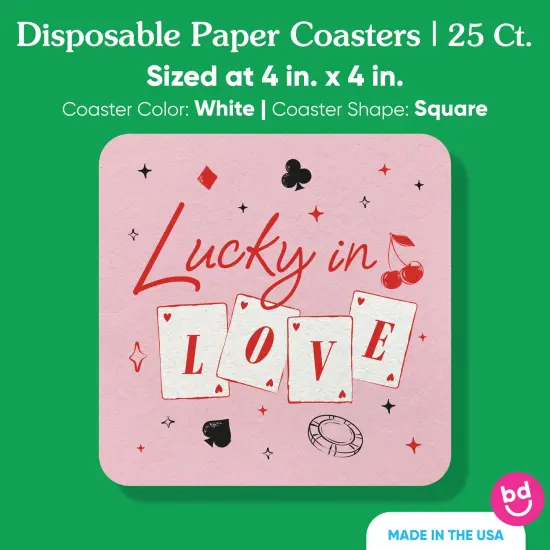 Big Dot of Happiness 25 Ct Lucky in Love Drink Coasters, 4-Inch Disposable Square Paper Coasters for Las Vegas Bachelorette Party, Decor for Drinks {5}