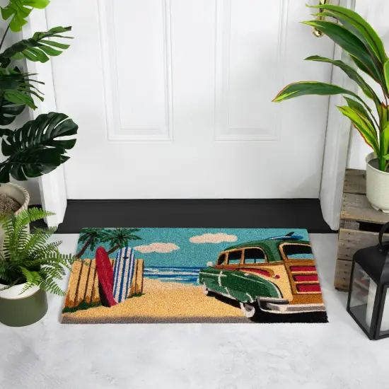 Northlight Retro Car on Beach Rectangular Coir Door Mat 18" x 30" Blue {4}
