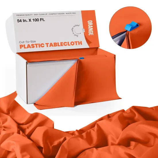 Exquisite Party Solids 54" x 100' Plastic Table Cover Roll with Slide Cutter &ndash; Cut-to-Size Dispenser Box &ndash; Makes Up to 36 Disposable 8' Rectangle Tablecloths Orange {2}