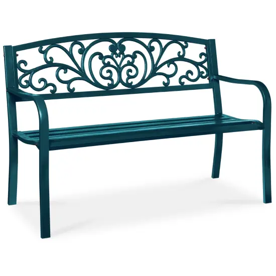 Best Choice Products Outdoor Steel Bench Garden Patio Porch Furniture w/ Floral Design Backrest Peacock Blue {1}