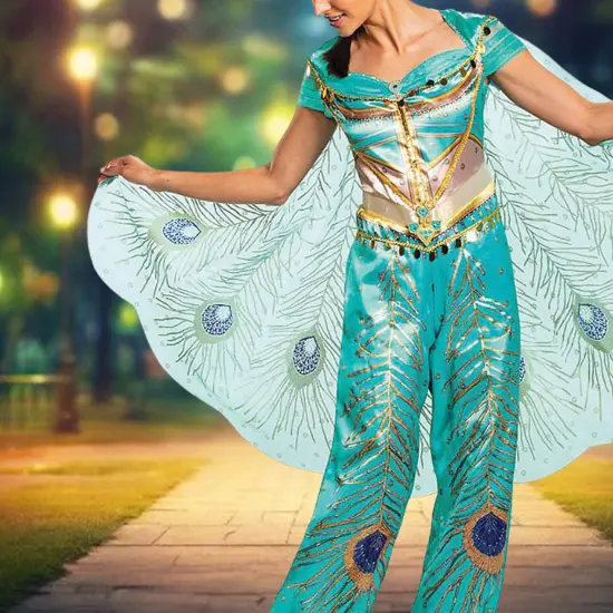 Deluxe Jasmine Teal Costume Jumpsuit with Cape for Regal Cosplay Look {2}