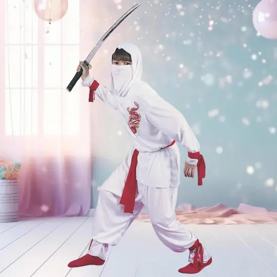 White Ninja Deluxe Child Costume with Hooded Shirt and Red Dragon Design {1}