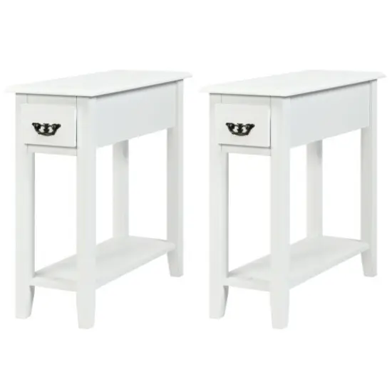 Rubber Wood End Table Set with Drawer, Open Shelf and Spacious Tabletop for Living Room or Bedroom White {4}