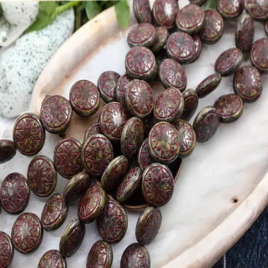 *12* 13mm Red Washed Opaque Chocolate Travertine Ishtar Coin Beads {4}