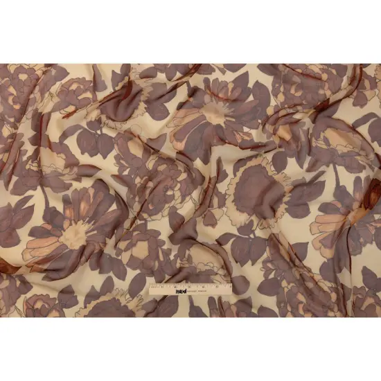 1 Yard Brown and Tan Painted Flowers Silk Chiffon 45" Wide Lightweight Sheer Fabric {3}