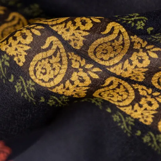 1 Yard Mustard Black Paisley Square Striped Silk Chiffon 54 inch Width {2}